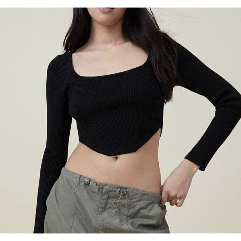 Cotton On Womens Black Rib Knit Corset Long Sleeve Stretch Sweater Top Medium